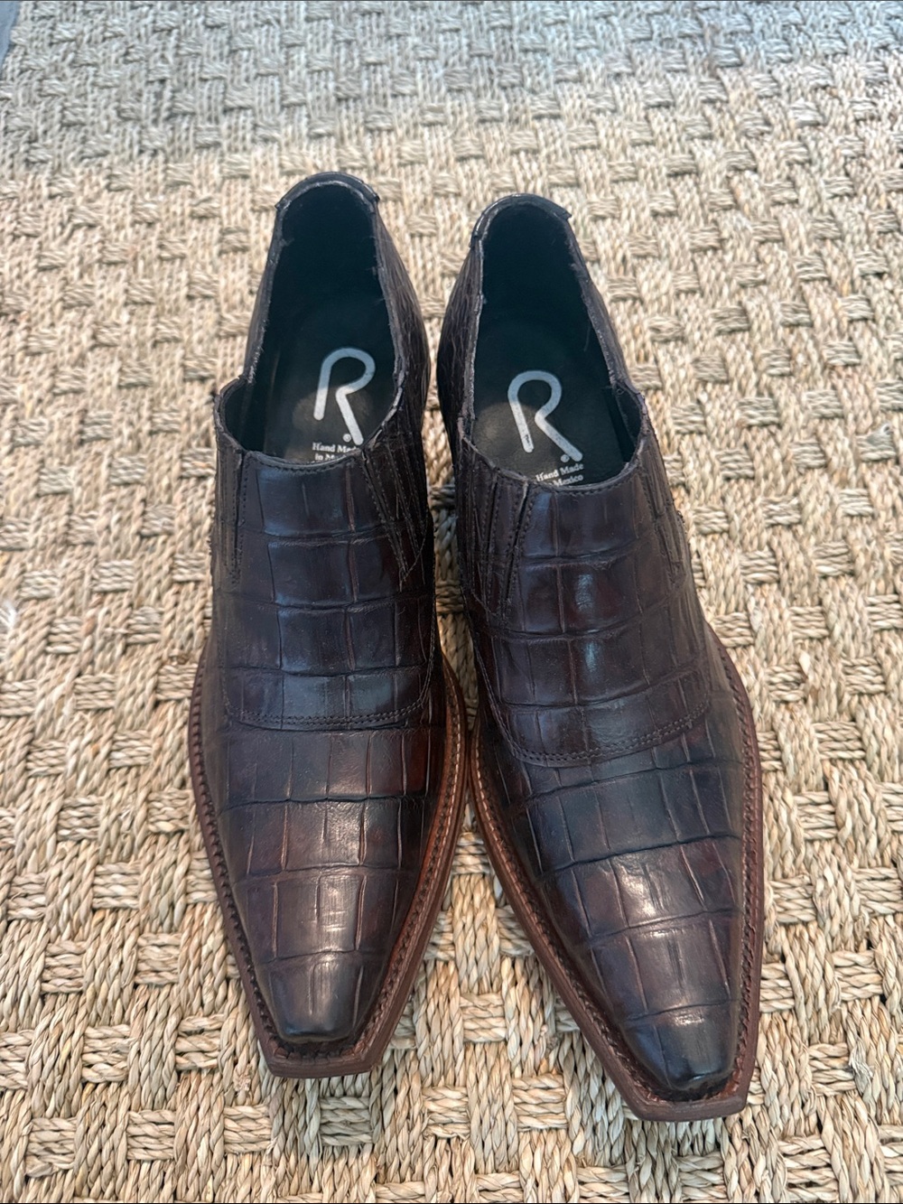 R Croc-Embossed Dark Brown Ankle Booties